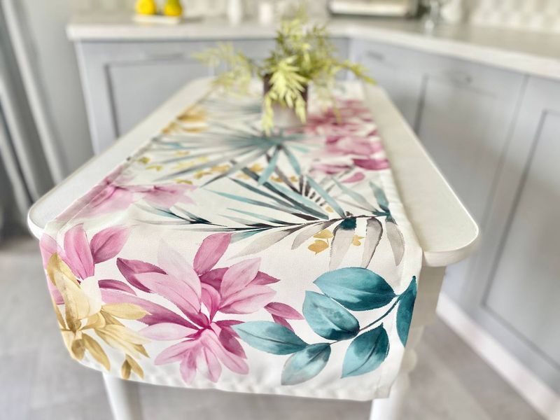 Bieżnia z powłoką wodoodporną MANTEL BOTANIA, 45x150, Prostokątny, Kwiatowy, Z wodoodporną powłoką, 75% bawełna, 25% poliester, Wodoodporny