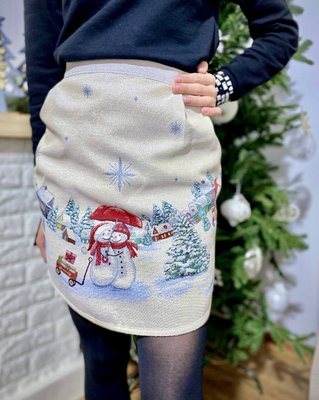 Tapestry apron-skirt ROUND1062-FR "Funny snowmen", Ø90, Round, New Year's, Silver lurex, 75% polyester, 22% cotton, 3% acrylic