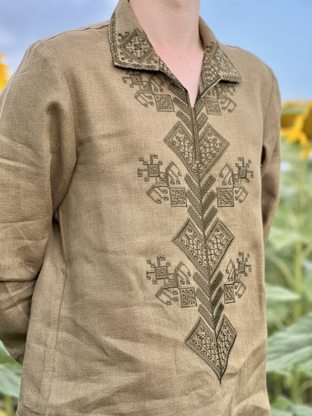Męska haftowana koszula w kolorze khaki SVCH3, S, 100% linen, Men