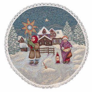 Tapestry placemat with lace ROUND1160M-25D Carol Singers, &Oslash;25, Round, New Year's, Golden lurex, 70% polyester, 23% cotton, 3% acrylic, 4% metal fibre, Tapestry