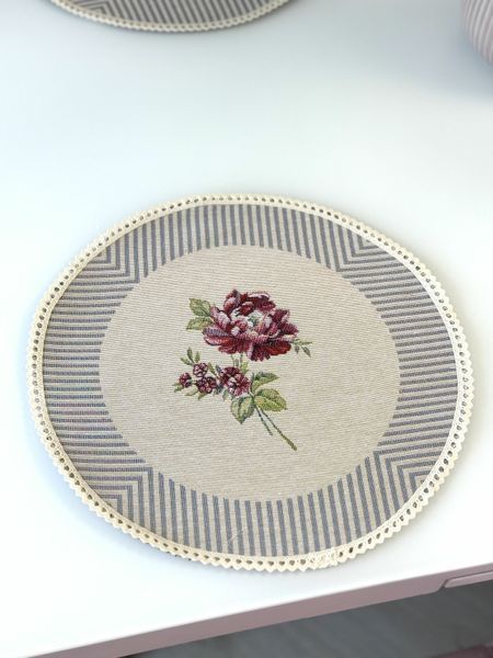 Tapestry placemat with lace ROUND1292GR-30D, &Oslash;30, 30, 30, Round, Everyday, Without lurex, 75% polyester, 22% cotton, 3% acrylic, Tapestry
