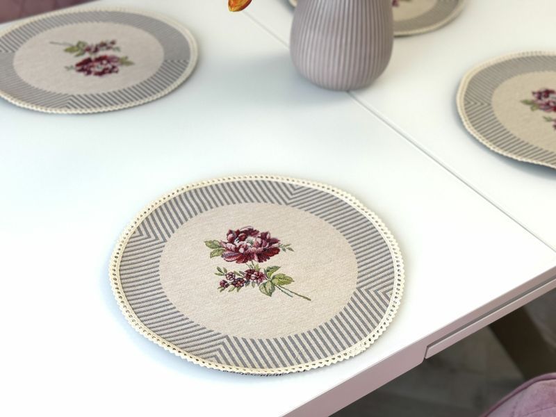Tapestry placemat with lace ROUND1292GR-30D, &Oslash;30, 30, 30, Round, Everyday, Without lurex, 75% polyester, 22% cotton, 3% acrylic, Tapestry