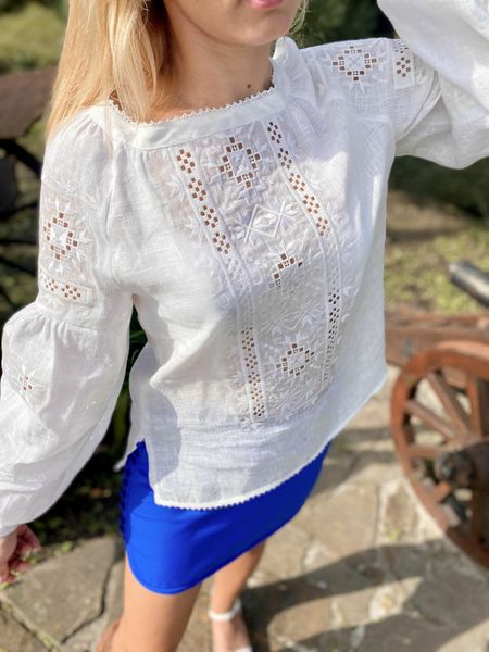Damska haftowana koszula w kolorze białym SVZH2, L, 100% linen, Women