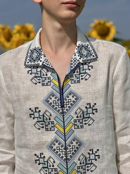 Męska haftowana koszula z niebieskimi i żółtymi nićmi SVCH5, S, 100% linen, Men