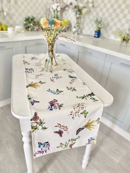 Table runner with water-repellent coating TIKAL, 40x154, Rectangular, Flower, With water-repellent coating, 75% cotton, 25% polyester, Water repellent