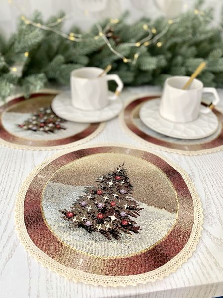 Tapestry placemat with lace ROUND740M-30D "Night in the Mountains", Ø30, Round, New Year's, Golden lurex, 75% polyester, 22% cotton, 3% acrylic