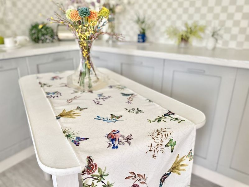 Table runner with water-repellent coating TIKAL, 40x154, Rectangular, Flower, With water-repellent coating, 75% cotton, 25% polyester, Water repellent