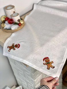 Bieżnik na st&oacute;ł z haftem GINGERBREAD MAN, 40x140, Prostokątny, Nowy Rok, Haft, 100% len