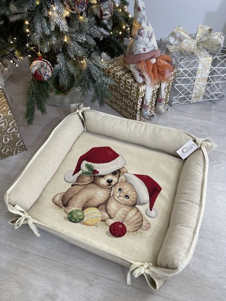 Leżak dla zwierząt + wodoodporny materac gobelinowy FUSKAS-SET (48x48), 48x48, Kwadrat, Nowy Rok, Złoty lureks, 49% bawełna, 35% poliester, 16% akryl, Gobelin