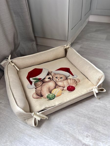 Leżak dla zwierząt + wodoodporny materac gobelinowy FUSKAS-SET (48x48), 48x48, Kwadrat, Nowy Rok, Złoty lureks, 49% bawełna, 35% poliester, 16% akryl, Gobelin
