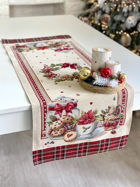 Tapestry table runner RUNNER1385, 37х100, 100, 37, Rectangular, New Year's, Golden lurex, 70% polyester, 23% cotton, 3% acrylic, 4% metal fibre, Tapestry