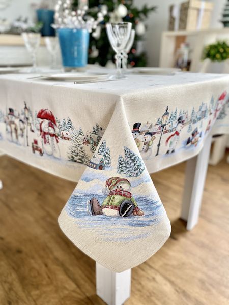 Tapestry tablecloth RUNNER1062 "Сніговики-витівники", 137х180, Rectangular, New Year's, Silver lurex, 75% polyester, 22% cotton, 3% acrylic