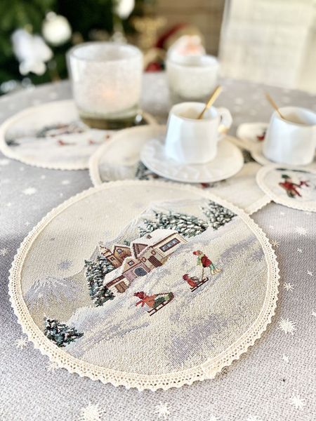 Tapestry placemat with lace ROUND1004M-25D "Winter adventure", Ø25, Round, New Year's, Silver lurex, 75% polyester, 22% cotton, 3% acrylic