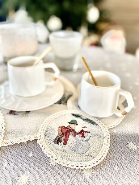 Tapestry placemat with lace ROUND1004M-10D Winter adventure, &Oslash;10, 10, 10, Round, New Year's, Silver lurex, 75% polyester, 22% cotton, 3% acrylic, Tapestry