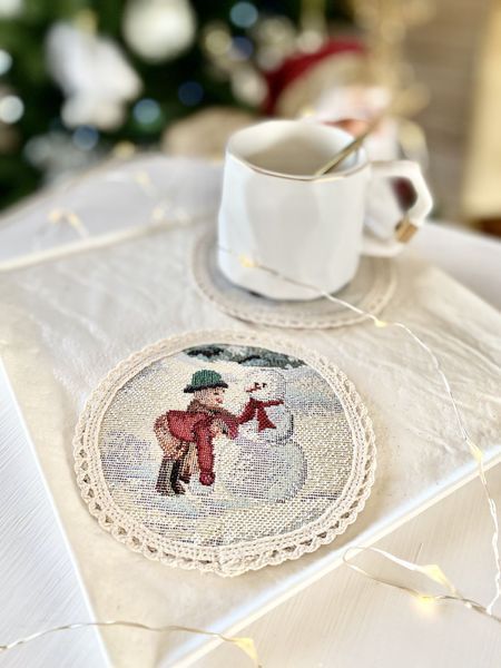 Tapestry placemat with lace ROUND1004M-10D Winter adventure, &Oslash;10, 10, 10, Round, New Year's, Silver lurex, 75% polyester, 22% cotton, 3% acrylic, Tapestry