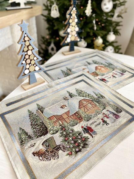 Tapestry placemat RUNNER723 "Christmas in Mountains", 37x49, Rectangular, New Year's, Golden lurex, 70% polyester, 23% cotton, 3% acrylic, 4% metal fibre