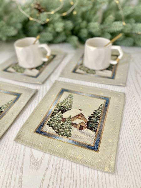 Tapestry placemat RUNNER723 "Christmas in Mountains", 17x18, Square, New Year's, Golden lurex, 70% polyester, 23% cotton, 3% acrylic, 4% metal fibre